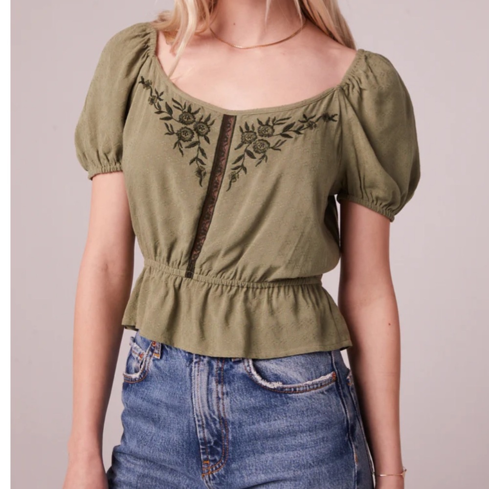 IMOLA MOSS EMBROIDERED PUFF SLEEVE TOP NWT